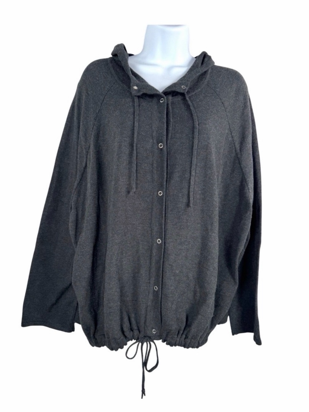 EILEEN FISHER Organic Cotton Snap Front relaxed Hooded Sweater Charcoal 90s sz
S